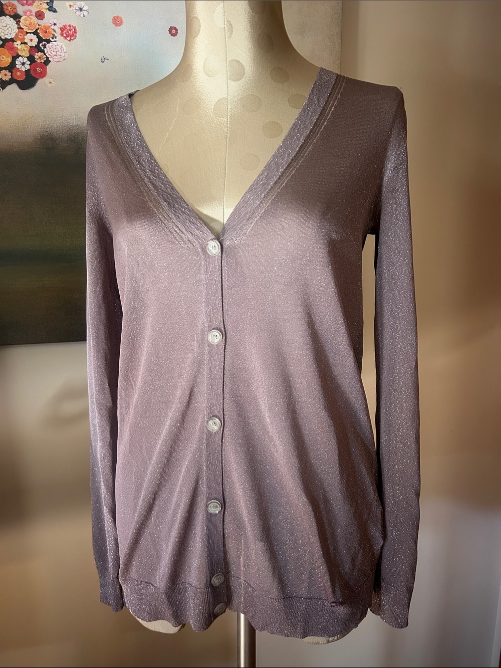 Gucci Shimmery Dusty Mauve V-Neck Button Cardigan